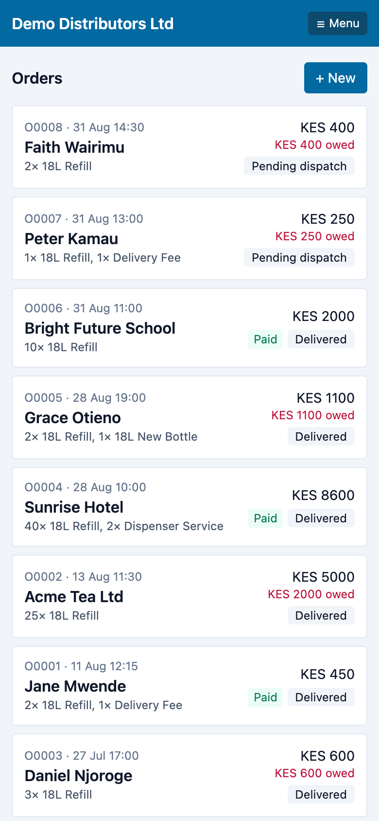 The Daybook orders list on a phone: each order with its amount, balance owed and delivery status.